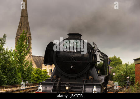 Die berühmten Flying Scotsman Lok besucht Gloucester Railway Station Stockfoto