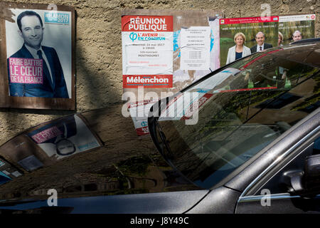 Präsidentschaftskandidat der französischen sozialistischen Partei Benoît Hamon Plakat am 26. Mai, 2017 in Termes, Languedoc-Roussillon, Südfrankreich Stockfoto