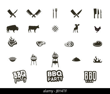 Steakhaus und Grill silhouette strukturierte Symbole. Schwarze Formen isoliert auf weißem Hintergrund. Inklusive Ausrüstung, Werkzeuge, Elemente und Typografie Schilder Grill - Bbq Party Konzept und andere. Stockfoto