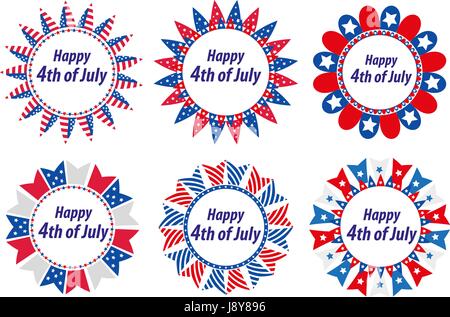 Tag der Unabhängigkeit Amerika, USA. Satz von runden Rahmen mit Fahnen. Sammlung von dekorativen Elementen mit Platz für Text für 4. Juli. Vektor-Illustration, ClipArt-Grafiken. Stock Vektor