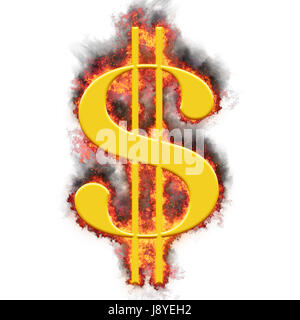 Golden American Dollar-Symbol in Flammen, vor dem weißen Hintergrund isoliert platzen Stockfoto