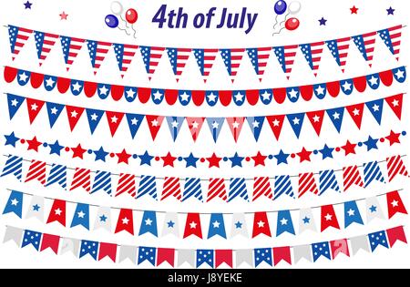 American Independence Day Feier in USA gesetzt, Wimpel, Flaggen, Girlande. Sammlung von dekorativen Elementen für Juli 4. Nationalfeiertag. Vektor-Illustration, ClipArt-Grafiken. Stock Vektor