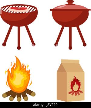 Set für Grill und Grill mit Holzkohle, Lagerfeuer. Sammlung für BBQ. Isoliert auf weißem Hintergrund. Vektor-Illustration. Stock Vektor