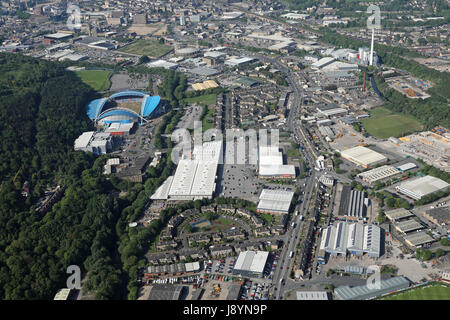 Luftaufnahme des Gebiets Colne Valley, Leeds Road, Huddersfield, Yorkshire, Großbritannien Stockfoto