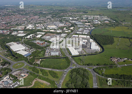 Luftaufnahme der Kreuzung 6 der M65 am Glenfield Business Park, Blackburn, Lancashire, UK Stockfoto