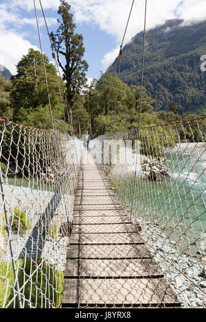 Schwingende Brücke auf dem hollyford track Neuseeland Stockfoto