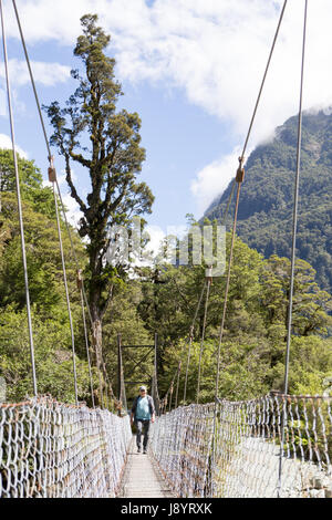 Schwingende Brücke auf dem hollyford track Neuseeland Stockfoto