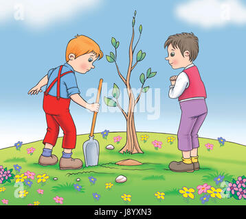 Zwei Kinder Sämling eine Pflanze im Garten. -Abbildung Stockfoto