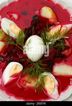 Dill und Eiern in rote Bete Suppe;   Rote Bete-Suppe mit Dill und Eiern; Stockfoto