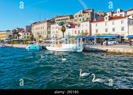 Riva, Strandpromenade, mit Altstadt im Hintergrund, Sibenik, Dalmatien, Kroatien Stockfoto