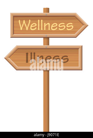 Wellness und Krankheit, geschrieben am hölzernen Wegweiser in entgegengesetzte Richtungen, als Symbol für die beiden Optionen Gesundheit oder Krankheit. Abbildung. Stockfoto