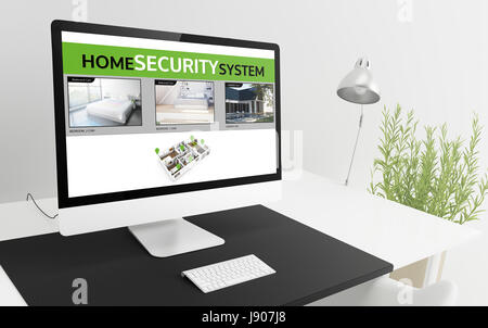 Computer-close-up auf minimale Arbeitsbereich zeigt Haussicherheit Spion-Kamera-System. 3D-Rendering. Stockfoto