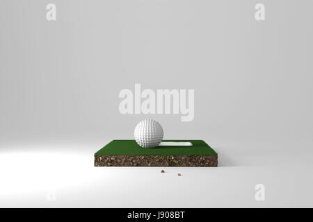 3D-Rendering des Querschnitts vom Golfplatz mit Ball und Loch auf Sie Stockfoto