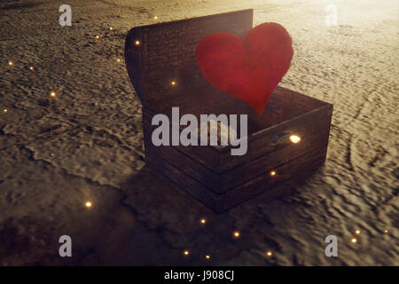 3D Rendering von hölzernen Schatz und gefallenen rotes Herz Stockfoto