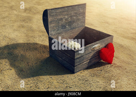 3D Rendering von hölzernen Schatz und flauschige rotes Herz Stockfoto