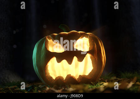 3D-Rendering des glänzenden Halloween Jack-o-Lantern Kürbis bei dunkler Wald Stockfoto