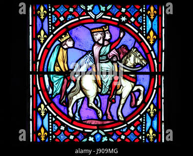 Nativity Fenster, Glasfenster, Oudinot von Paris, 1861, Feltwell Kirche, Norfolk.  Die Heiligen drei Könige, 3 drei Könige zu reisen, um den neugeborenen Jesus besuchen Stockfoto