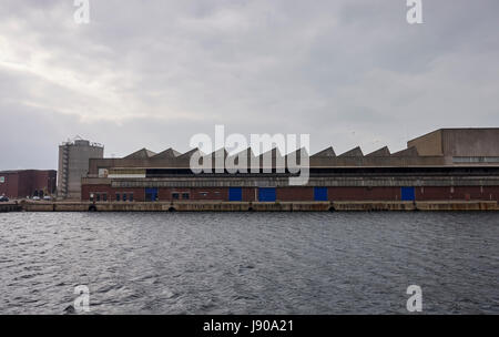 Stadt Dunquerke, Normandie, Frankreich: Hafen Behörde Bereich mit Docks und Lagerhäuser, wo mehrere Arten von Rohstoffen werden gespeichert, Stockfoto