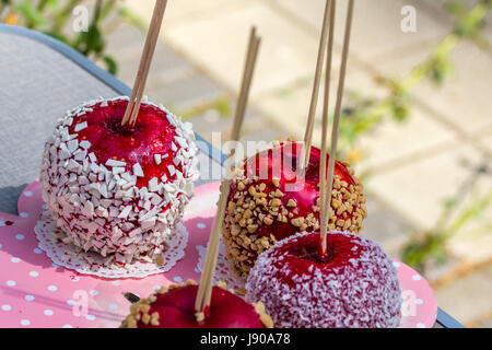 Hausgemachte Gourmet Karamellisierte rote Äpfel mit Nüssen und Schokolade Nieselregen auf großen rosa Teller sitzen. Stockfoto