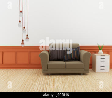 modernes Sofa Interieur im Raum mit Regal in 3D Render Bild Stockfoto