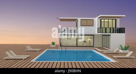 Resort Villa am Sonnenuntergang Blick aufs Meer mit Schwimmbad in 3D-Rendering Stockfoto