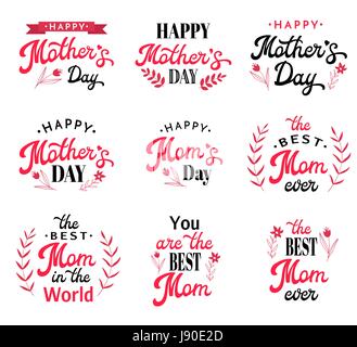 Mütter Tag Hand Schriftzug kalligraphische Inschriften gesetzt mit handgezeichneten Elementen. Schwarze und rote Embleme und Abzeichen-Sammlung, Isolated on White. Schriftart-Vektor-Illustration. Stock Vektor
