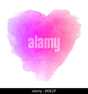 Aquarell gradient violett und rosa hand gezeichneten Papier Textur isoliert herzförmige Flecken auf weißem Hintergrund für den Valentinstag. Abstrakte Aquarell-Vektor-Illustration. Nassen Pinsel romantischen Malerei. Stock Vektor