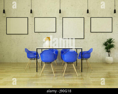 Schöner Esstisch mit blauen Stühlen auf Holzboden vor einer Betonwand mit Bilderrahmen und abgehängte Leuchten Stockfoto