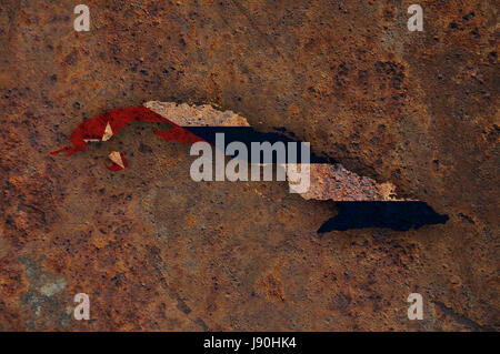 Karte und Flagge Kubas auf rostigen Metall Stockfoto