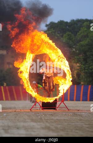 Allahabad, Uttar Pradesh, Indien. 30. Mai 2017. Allahabad: Ein Soldat der indischen Armee springen Fahrrad durch ein Feuer-Kreis als Draufgänger Flügel der indischen Armee ihre Fähigkeiten während '' Purva UP & MP Unterbereich Sainya Samaroh-2017'', bei Polofeld in Allahabad auf 30.05.2017 durchführen. Foto von Prabhat Kumar Verma Credit: Prabhat Kumar Verma/ZUMA Draht/Alamy Live News Stockfoto