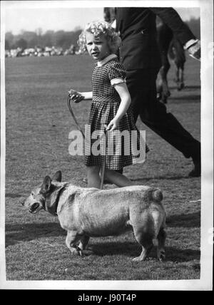 5. Mai 1956 - The Duke of Edinburgh spielt Polo in Windsor die Königin und die königlichen Kinder besuchen.: The Duke of Edinburgh spielte Polo auf Smiths Rasen im Windsor Great Park heute Nachmittag. Die Königin und die zwei königlichen Kinder verfolgten die Spiele. Foto zeigt Prinzessin Anne nehmen eine Gebühr von einer der die Corgis beim Betrachten der Polo heute Nachmittag. (Kredit-Bild: © Keystone Presseagentur/Keystone USA über ZUMAPRESS.com) Stockfoto