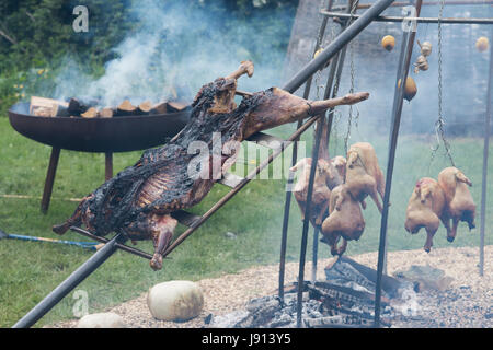 Argentinische Feuer Grube Kochen Hähnchen und Lamm in Daylesford Organic Farm-Sommerfest. Daylesford, Cotswolds, Gloucestershire, England Stockfoto