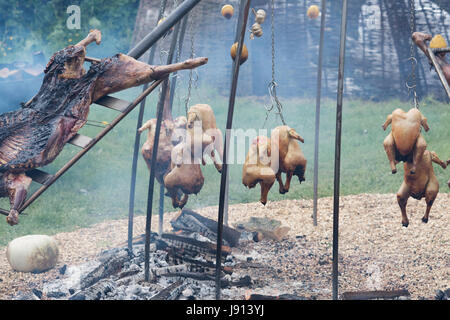 Argentinische Feuer Grube Kochen Hähnchen und Lamm in Daylesford Organic Farm-Sommerfest. Daylesford, Cotswolds, Gloucestershire, England Stockfoto