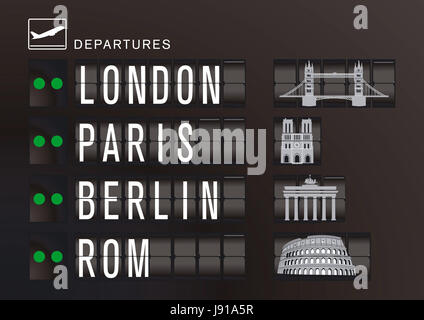 Abreise-Display mit Sehenswürdigkeiten Stockfoto