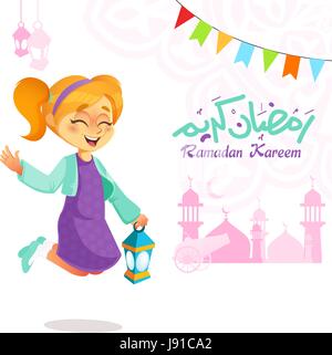 Vektor-Illustration von Mädchen springen feiert Ramadan, mit "Happy Ramadan" Text auf Arabisch geschrieben Stock Vektor