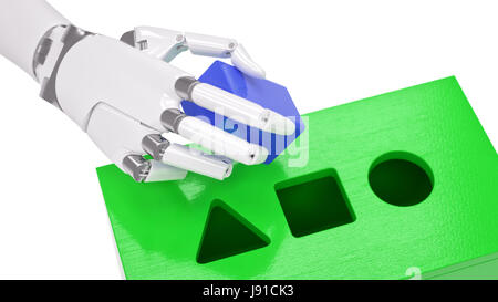 Roboter spielen Form Sorter Spielzeug Closeup. Künstliche Intelligenz und Machine Learning Konzept 3d Illustration Stockfoto