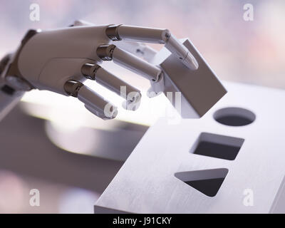 Roboter spielen Form Sorter Spielzeug Closeup. Künstliche Intelligenz und Machine Learning Konzept 3d Illustration Stockfoto