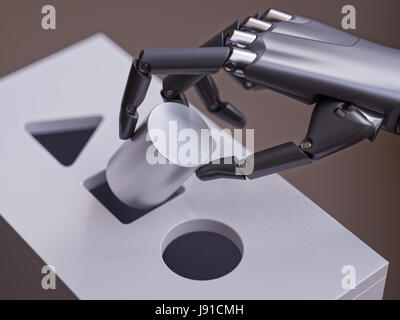 Roboter macht falsche Entscheidung versuchen, geometrische Grundkörper in Form Sorter Spiel Closeup entsprechen. Maschinelles lernen neuronale Netzwerk-Konzept 3d Illustration Stockfoto