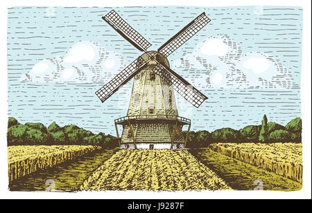Windmühle Landschaft in Vintage, Retro-Hand gezeichnet oder graviert-Stil, kann sein Gebrauch für Backwaren-Logo, Weizenfeld mit Altbau Stock Vektor