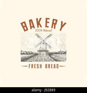 Windmühle Logo Landschaft in Vintage, Retro-Hand gezeichnet oder graviert-Stil, kann sein Gebrauch für Backwaren-Logo, Weizenfeld mit Altbau Stock Vektor
