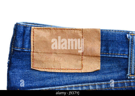Rückansicht der leere Leder Label Jeans isoliert auf weißem Hintergrund Stockfoto