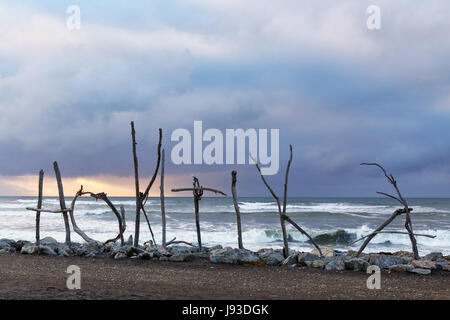 Driftwood Skulpturen am Strand von Hokitika South Island, Neuseeland Stockfoto