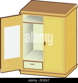 Offene Garderobe. Holzschrank mit ordentlich Kleidung - Vektor-Illustration Stock Vektor