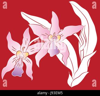 Vektor der Orchidee Blume Zweig mit grünen Blätter auf rotem Grund, Scherenschnitt Abbildung Stock Vektor