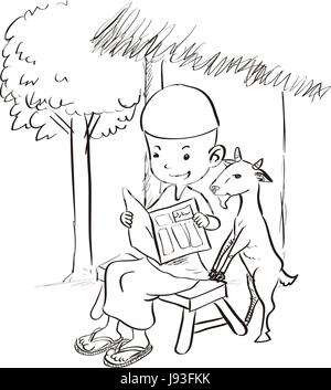 Niedlichen muslimischen jungen sitzen ein Buch mit einer Ziege. Handgezeichnete Cartoon-Skizze-Vektor-illustration Stock Vektor