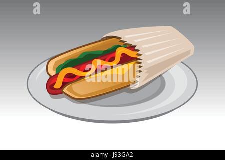 Hot-Dog sandwich in eine Papiertüte und setzen auf weißen Teller Stock Vektor