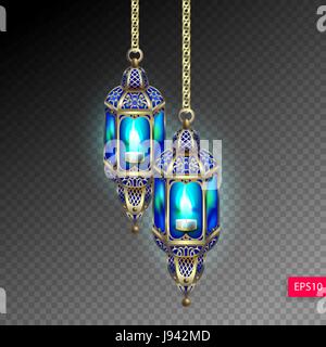 zwei gold Laternen mit blauem Licht einer Kerze Stock Vektor