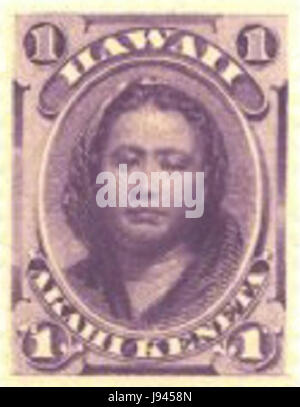 Diese 1886 erschienene Briefmarke zeigt ein Bild, das sich auf Kamamalu bezieht, eine Figur in der hawaiianischen Geschichte. Es ist Teil der Postgeschichte des hawaiianischen Königreichs und spiegelt die Design- und Drucktechniken dieser Zeit wider. Stockfoto