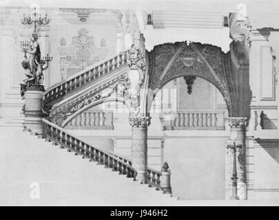 Architektonische Anhebungszeichnung von Steinhauser aus dem Jahr 1969, die die große Treppe des Palais Garnier in Paris darstellt und Designelemente und dekorative Details hervorhebt. Stockfoto