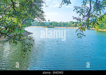 Die schattigen Zweige öffnen Sie die Ansicht auf Bogambara See in Stadt Zentrum von Kandy, Sri Lanka. Stockfoto